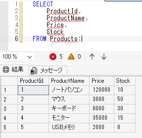 SSMSでProductsテーブルの初期データ5件を表示した結果