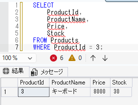 ProductIdが3のキーボード1件をSELECTで確認した結果