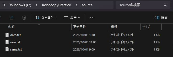 コピー元のsourceフォルダーにdata.txt、new.txt、same.txtが並ぶWindows 11のエクスプローラー