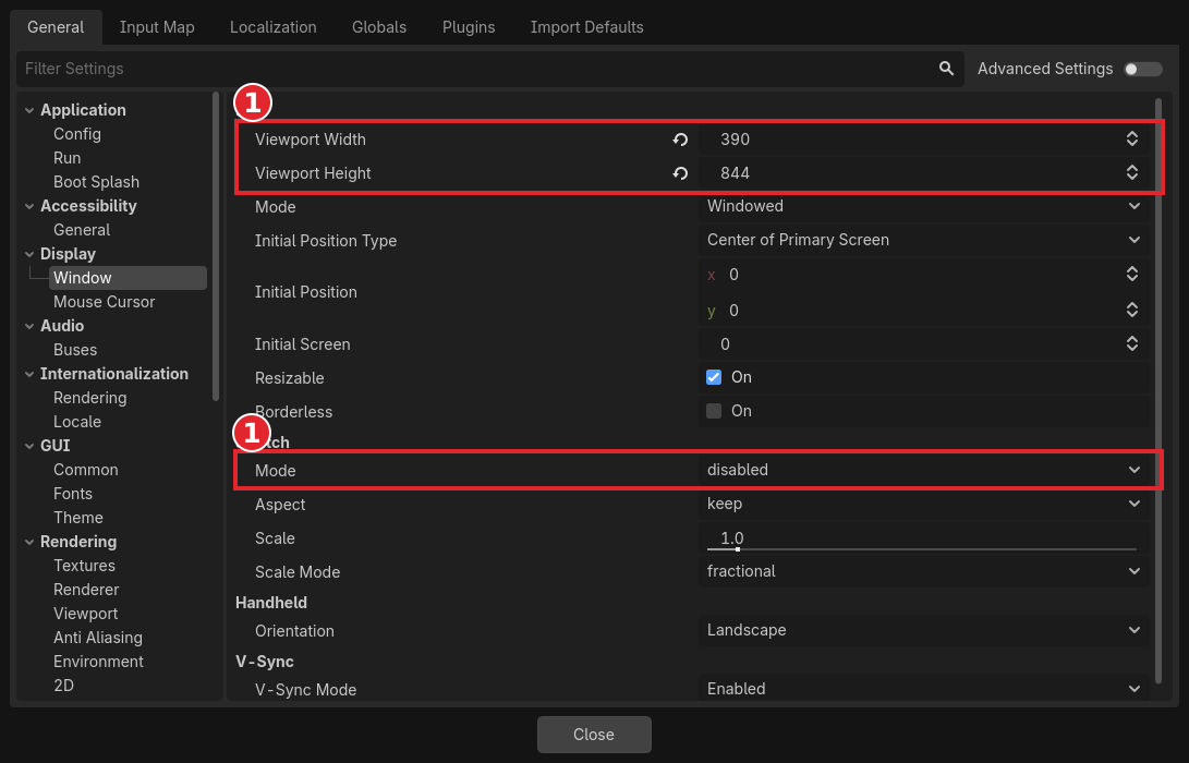 手順1。赤枠は検証用のViewport Width・Heightと、StretchのModeです。Aspectはdisabledでは表示結果に影響しません。