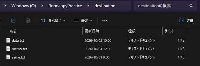 実行前のdestinationフォルダーにdata.txt、memo.txt、same.txtが並ぶ画面