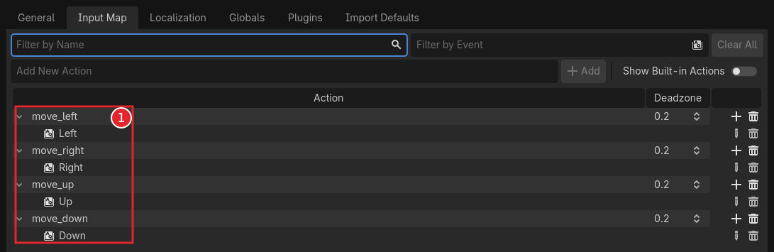Input Mapにmove_left、move_right、move_up、move_downを登録した状態