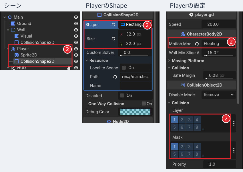 Playerの下にSprite2DとCollisionShape2Dがあり、32×32のRectangleShape2Dを設定した状態