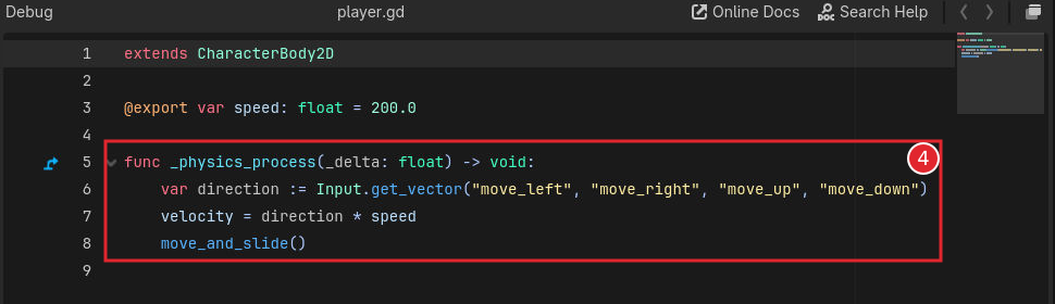 player.gdでInput.get_vectorからvelocityを設定しmove_and_slideを呼ぶコード