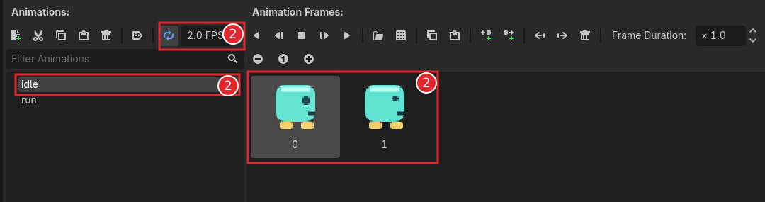 SpriteFramesのidleに2枚の待機画像を登録し2FPSとLoopを設定した状態