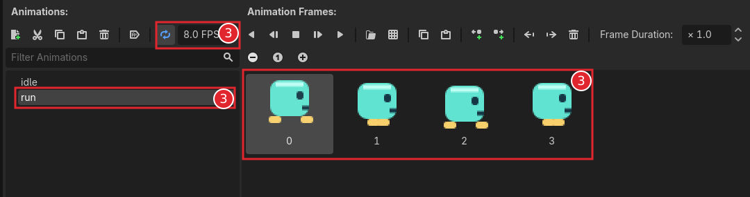 SpriteFramesのrunに4枚の走行画像を登録し8FPSとLoopを設定した状態