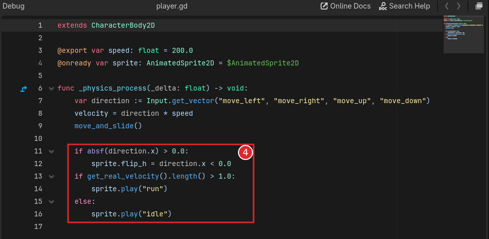 player.gdでmove_and_slideの後にflip_hとidleまたはrunを更新するコード