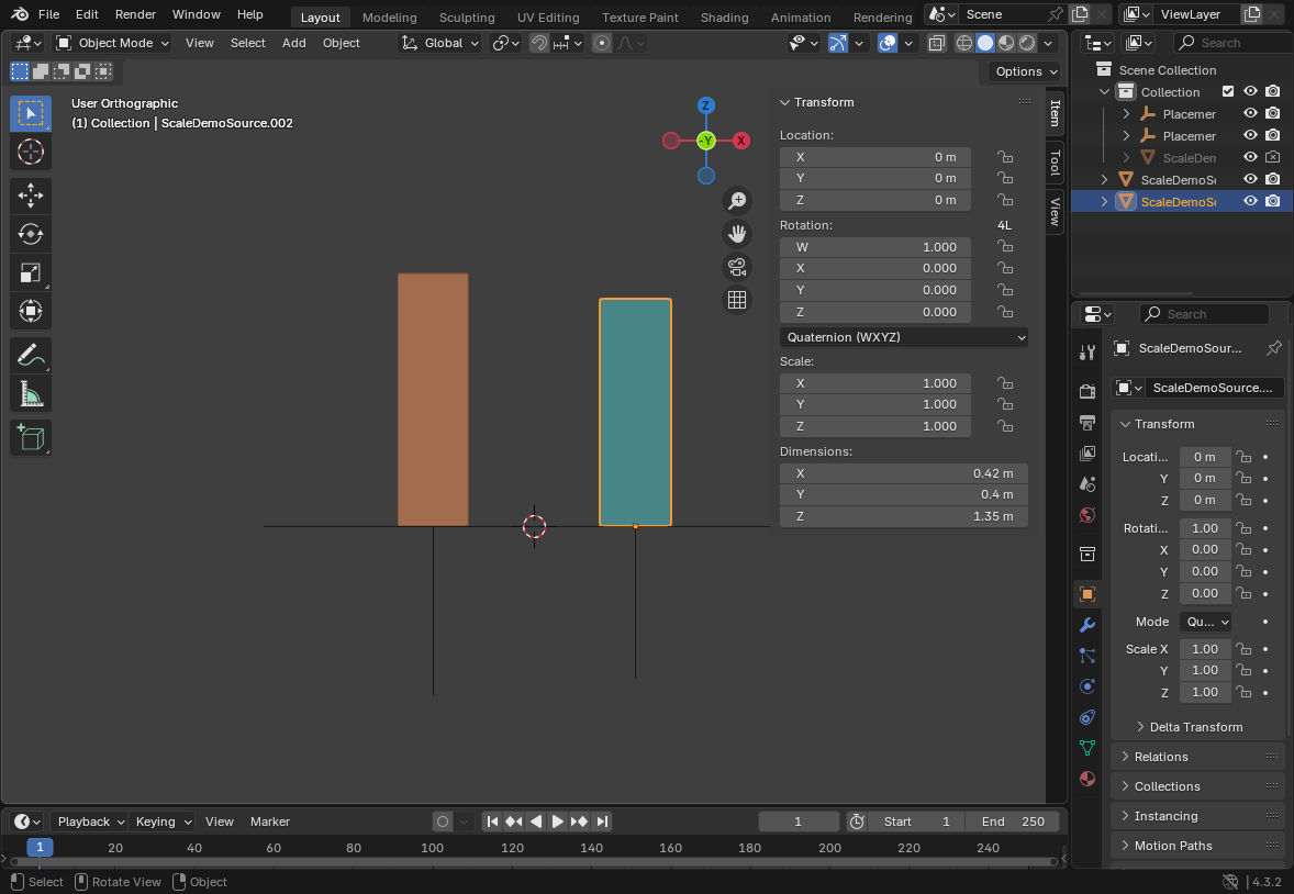 Blender 4.3.2で再構築した2本の部材。右側を選択したDimensionsのZは1.35m。