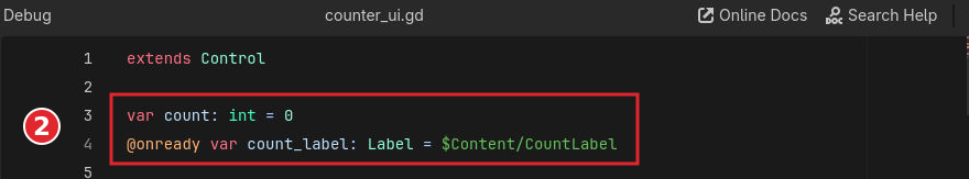 counter_ui.gdのcount変数とCountLabelへの相対パス