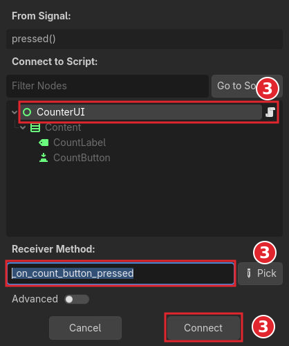 pressedの接続ダイアログでCounterUIと_on_count_button_pressedを指定した状態