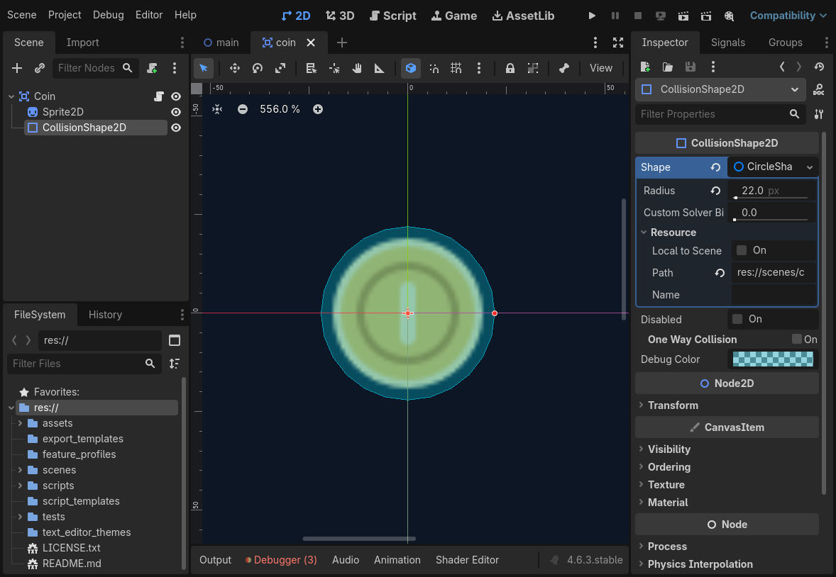 CoinのCollisionShape2Dを選択し、Radius 22とDisabledオフを確認した実画面