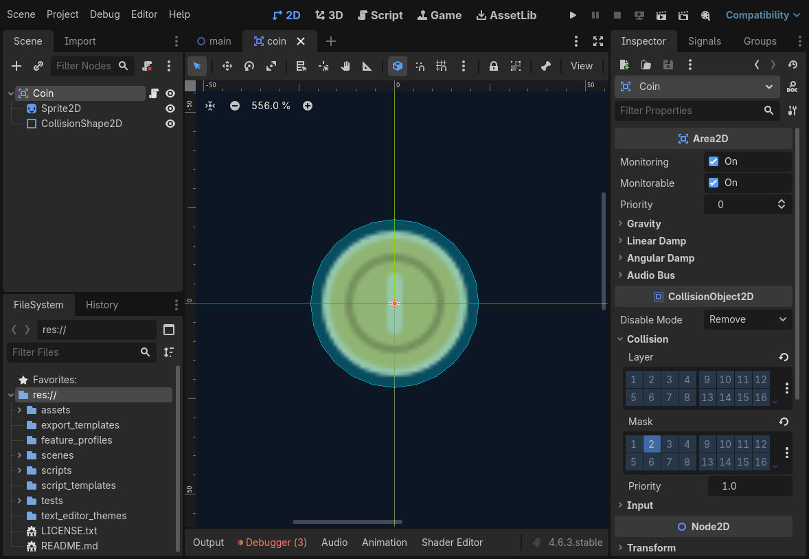 CoinのInspectorでMonitoringがオン、Collision Layerはすべてオフ、Maskは2だけオンの実画面