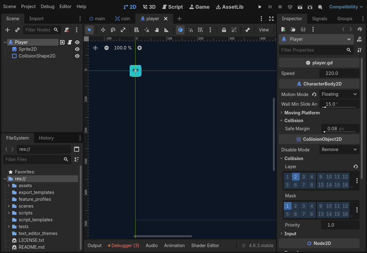 PlayerのInspectorでMotion ModeがFloating、Layer 2、Mask 1になっている実画面