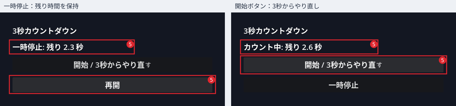 手順5:一時停止では残り時間を保持し、開始ボタンでは3秒からやり直します。