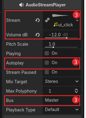 手順3:Streamへ音声を設定し、Volume dBを-12、Autoplayをオフにします。