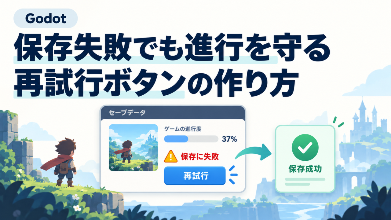Godotで保存失敗時も進行を保持し、再試行ボタンから保存成功へ進むイメージ。