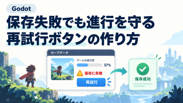 Godotで保存失敗時も進行を保持し、再試行ボタンから保存成功へ進むイメージ。
