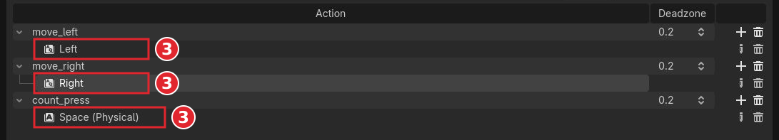 Left、Right、Space Physicalが3つのアクションに割り当てられたInput Map