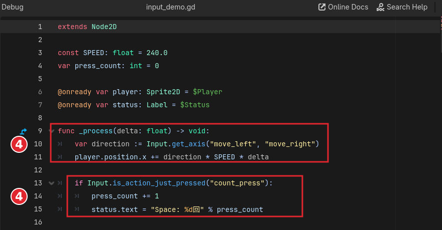 input_demo.gdの全コード。左右移動とSpaceの単発入力処理を赤枠で表示