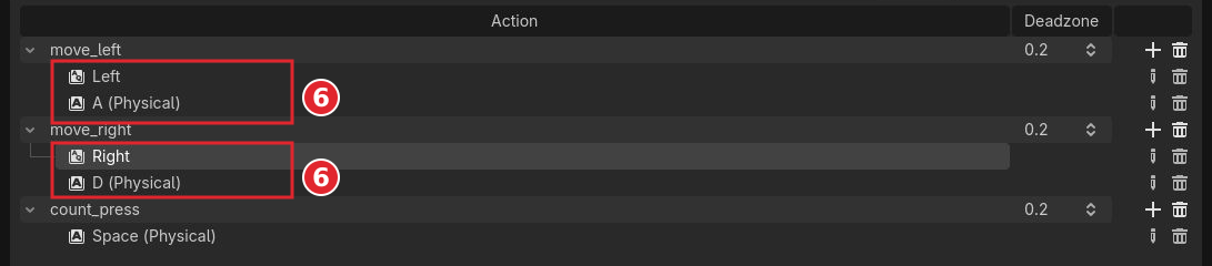 move_leftにLeftとA Physical、move_rightにRightとD Physicalを登録したInput Map