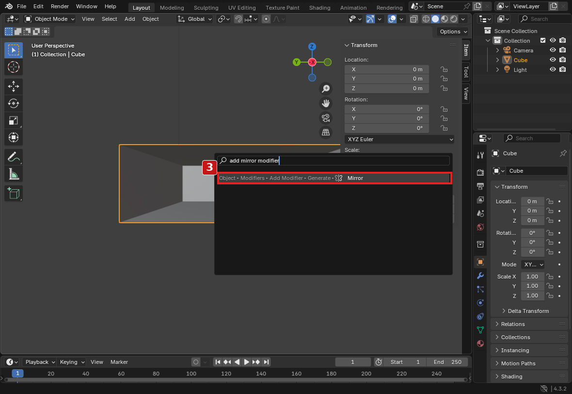 手順3。F3からAdd Mirror Modifierを検索します。