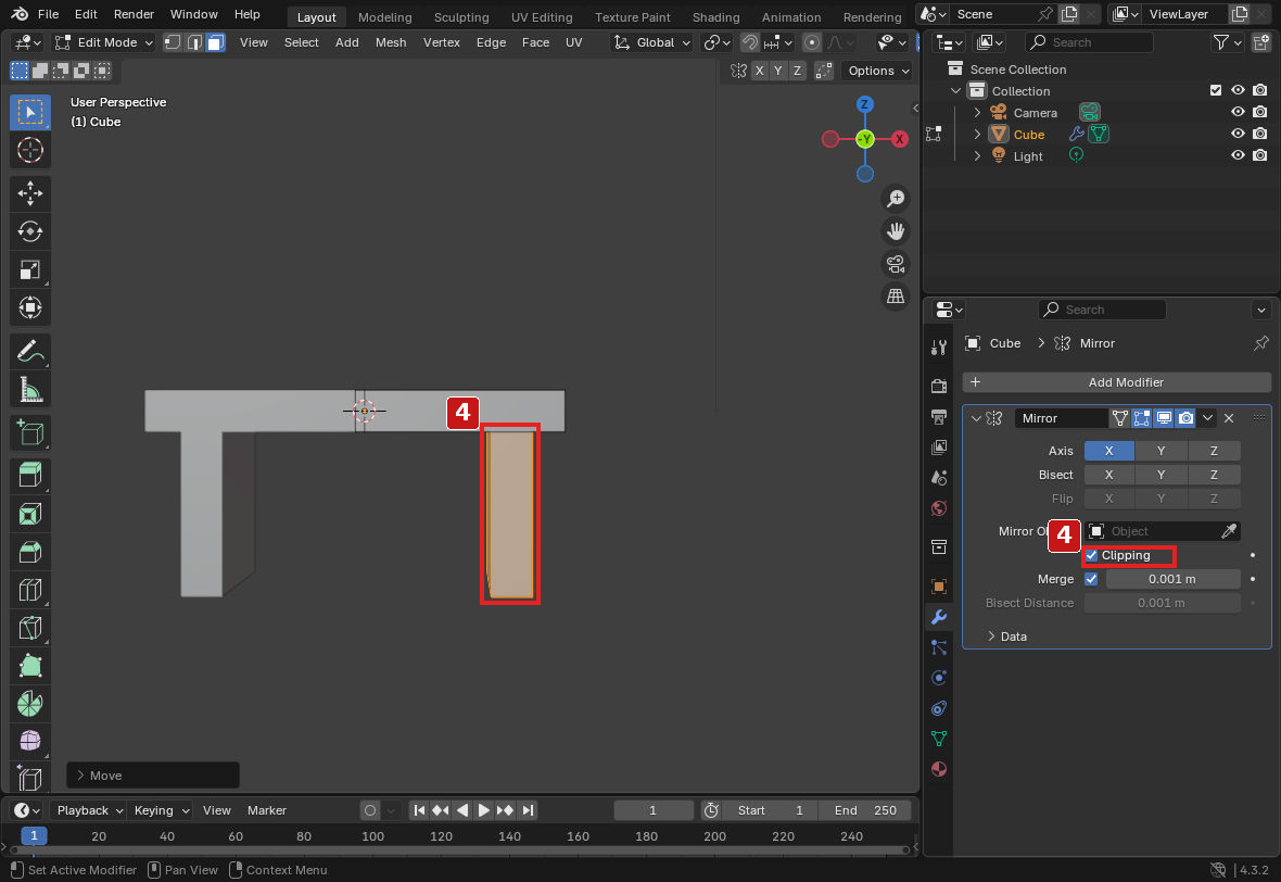 手順4。右脚を配置したらClippingをオンへ戻します。左脚はMirrorが作る形です。