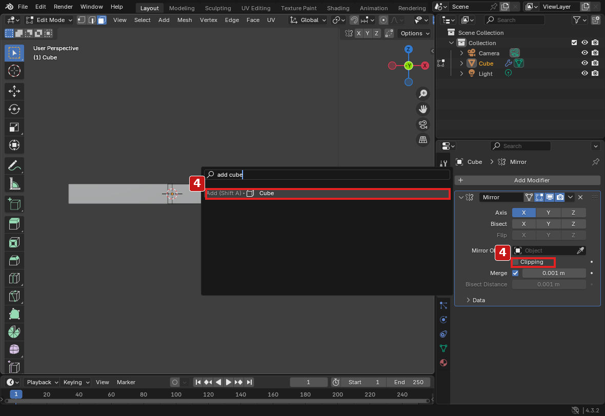 手順4。Clippingを一時的にオフにして、Edit ModeでCubeを追加します。
