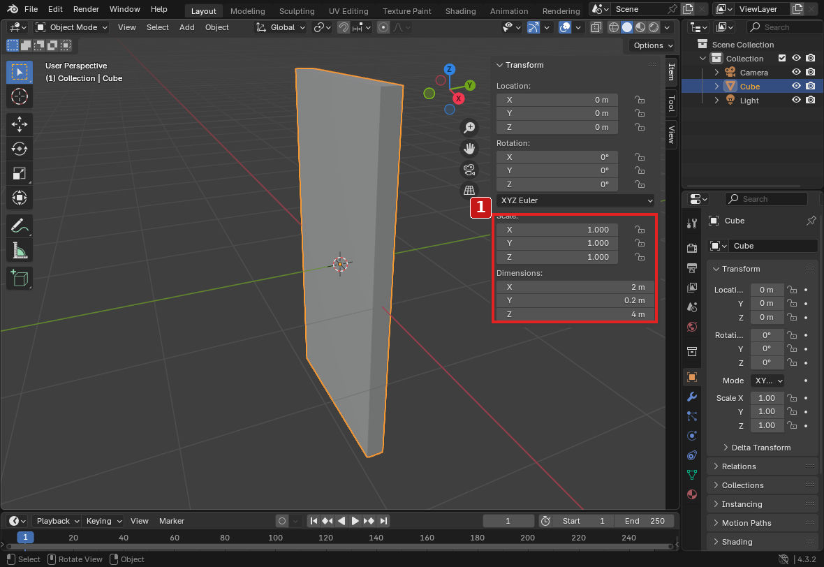 手順1。Dimensionsは2・0.2・4、Scaleは1・1・1です。見やすくするためView → Frame Selectedでドアを拡大しています。
