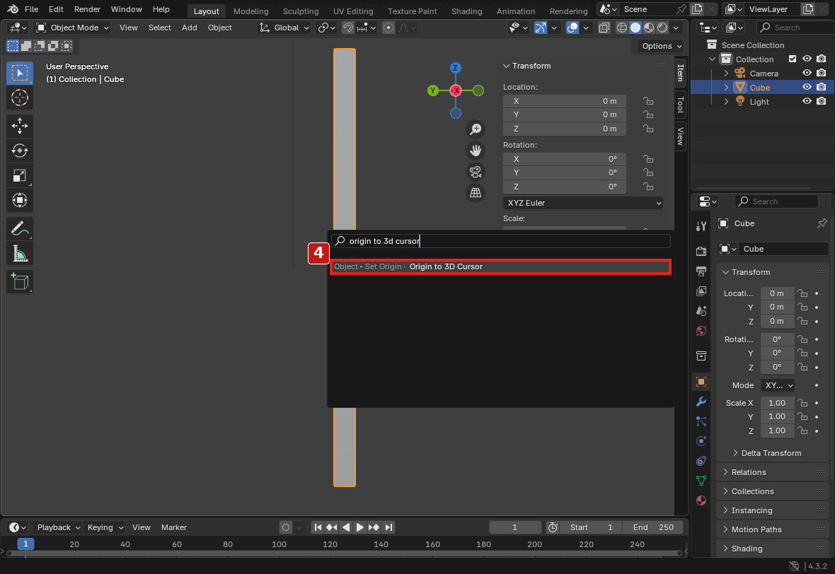 手順4。F3検索でOrigin to 3D Cursorを選びます。