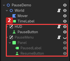 手順2:停止用HUDと再開用PauseMenuを別の枝に分けます。