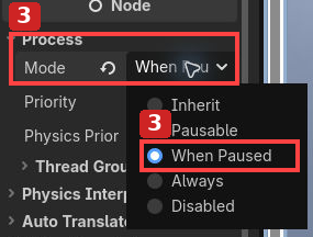 手順3:PauseMenuのProcess ModeをWhen Pausedにし、子はInheritにします。