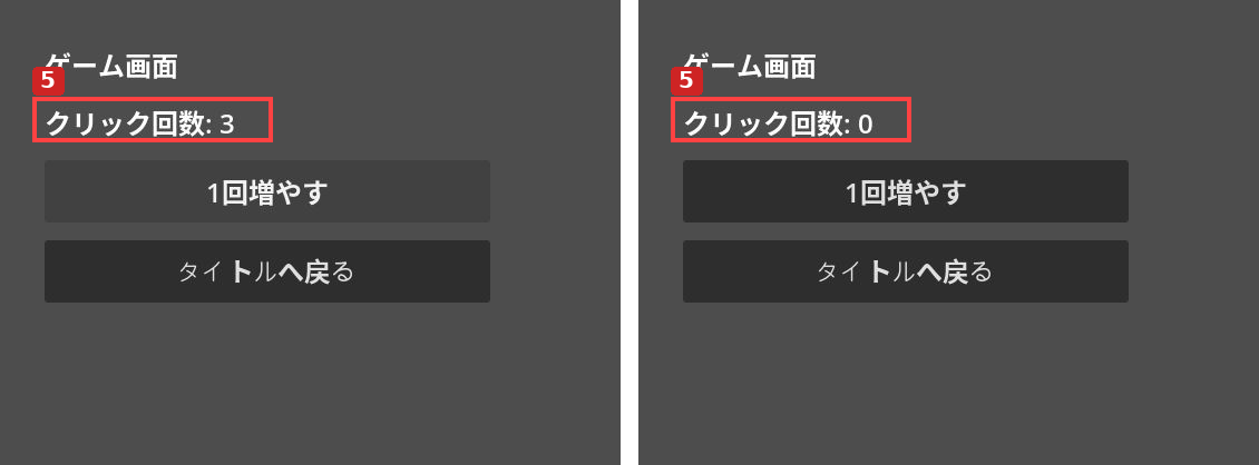 手順5:左は3回クリックしたゲーム画面、右はタイトルを経由して入り直したゲーム画面です。回数は0へ戻ります。