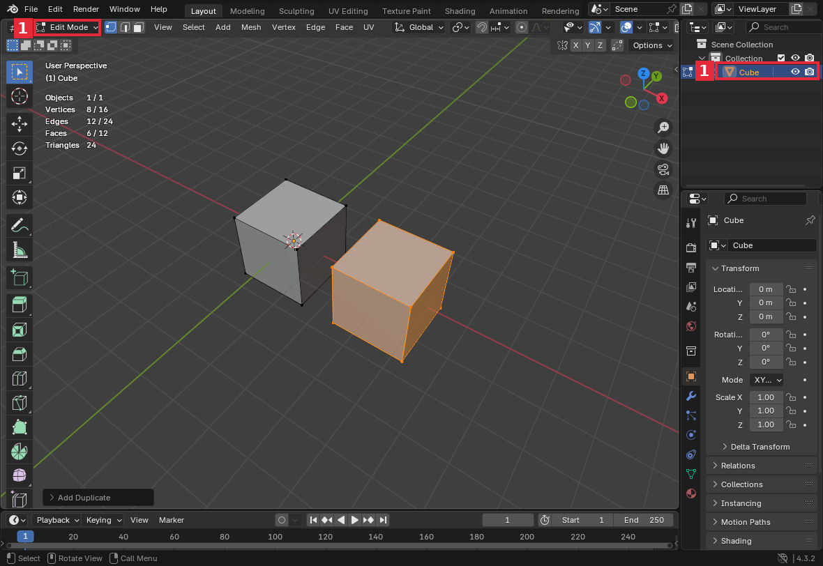 手順1。編集モードで複製した二つの立方体は、まだ同じCubeオブジェクトに入っています。