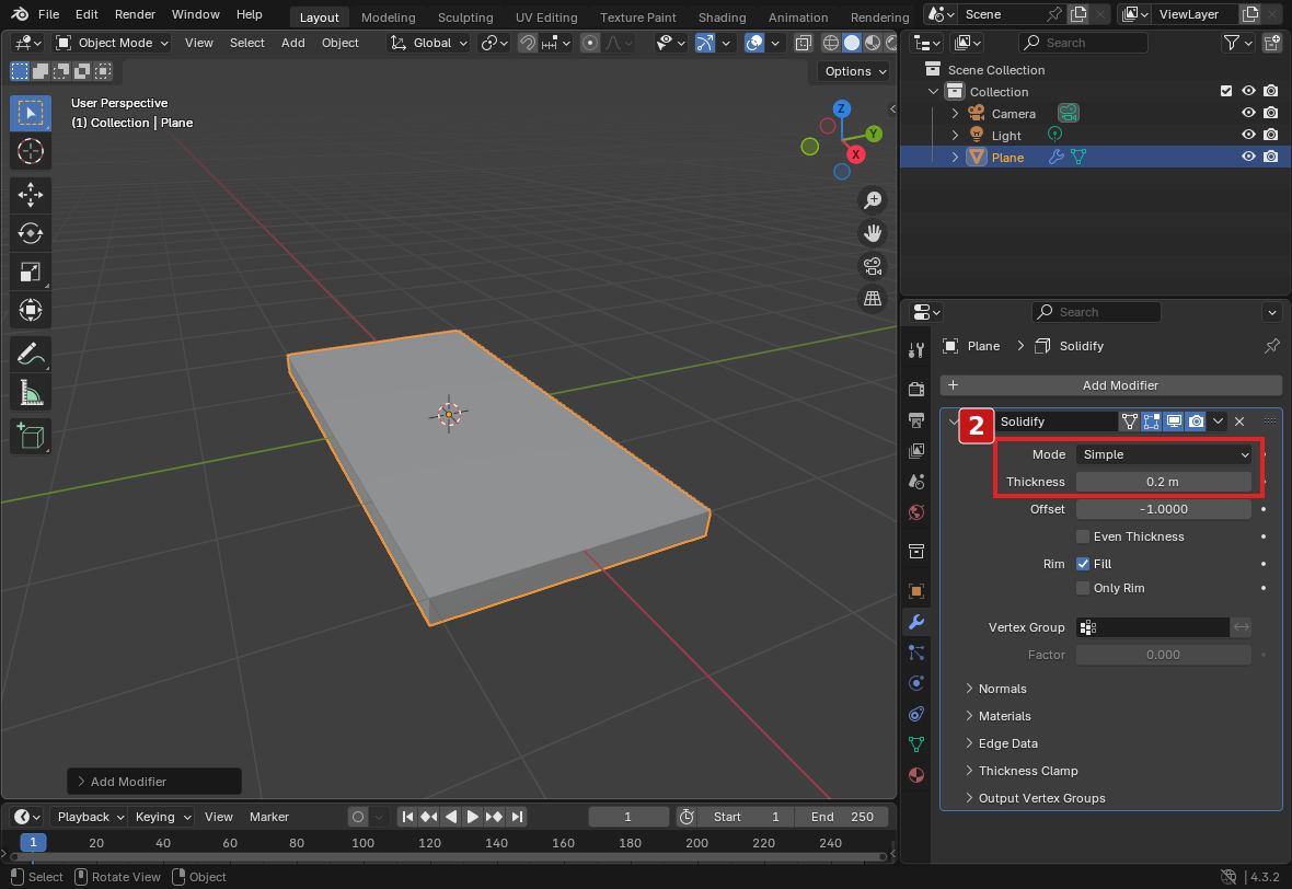 手順2。ModeはSimple、Thicknessは0.2です。この時点のOffsetは初期値の-1です。