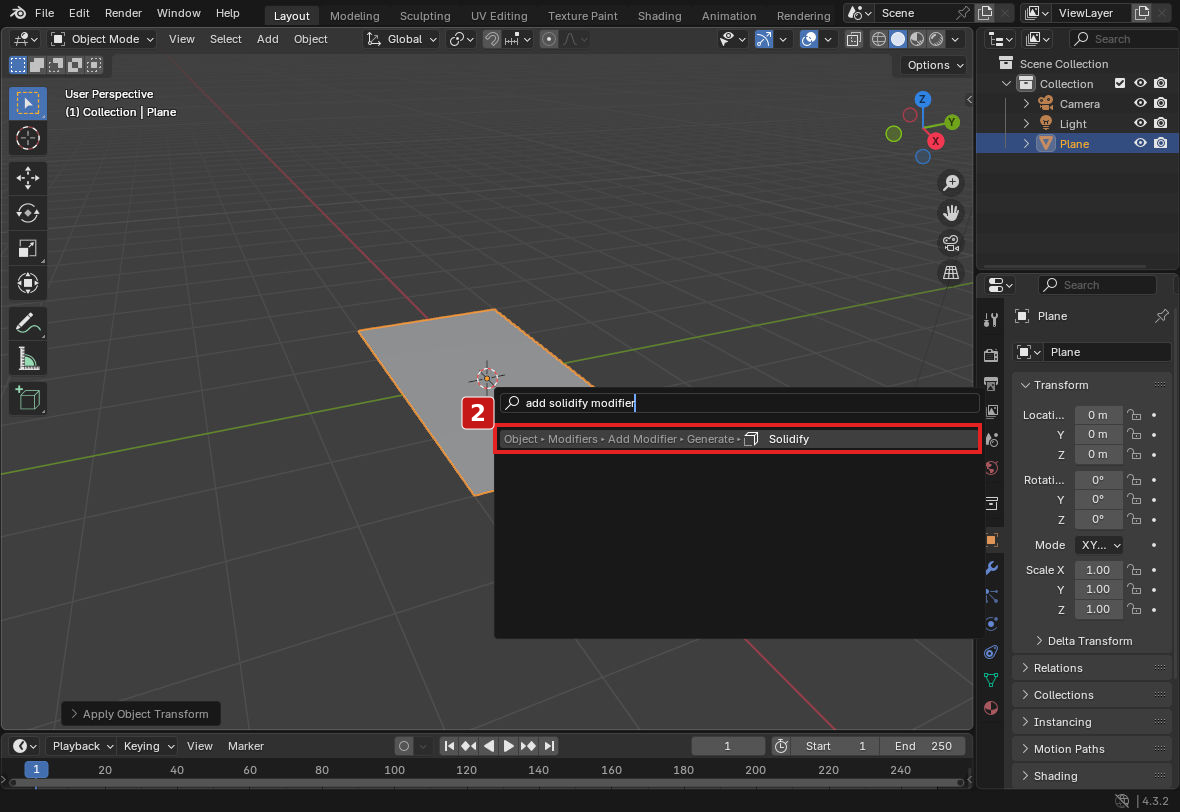 手順2。F3でAdd Solidify Modifierを検索して追加します。