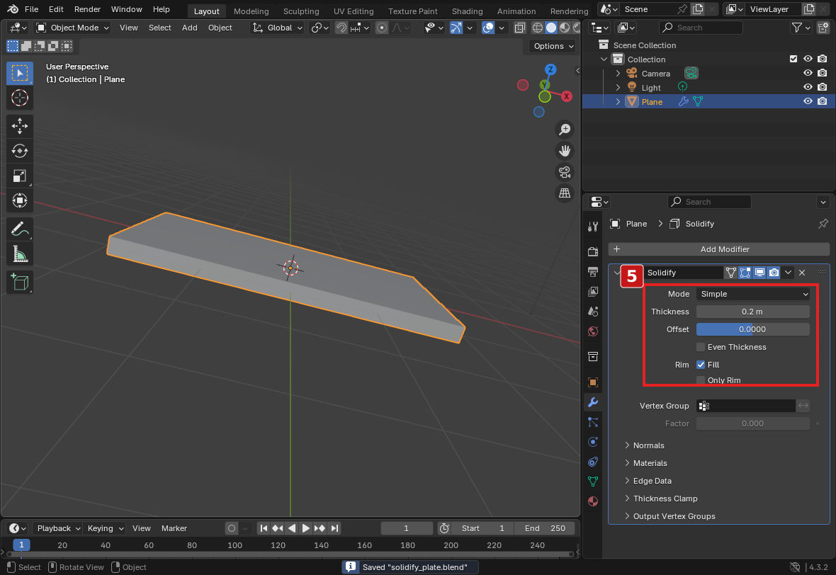 手順5。保存後に開き直しても、Thickness 0.2、Offset 0、Fillオンを確認できます。