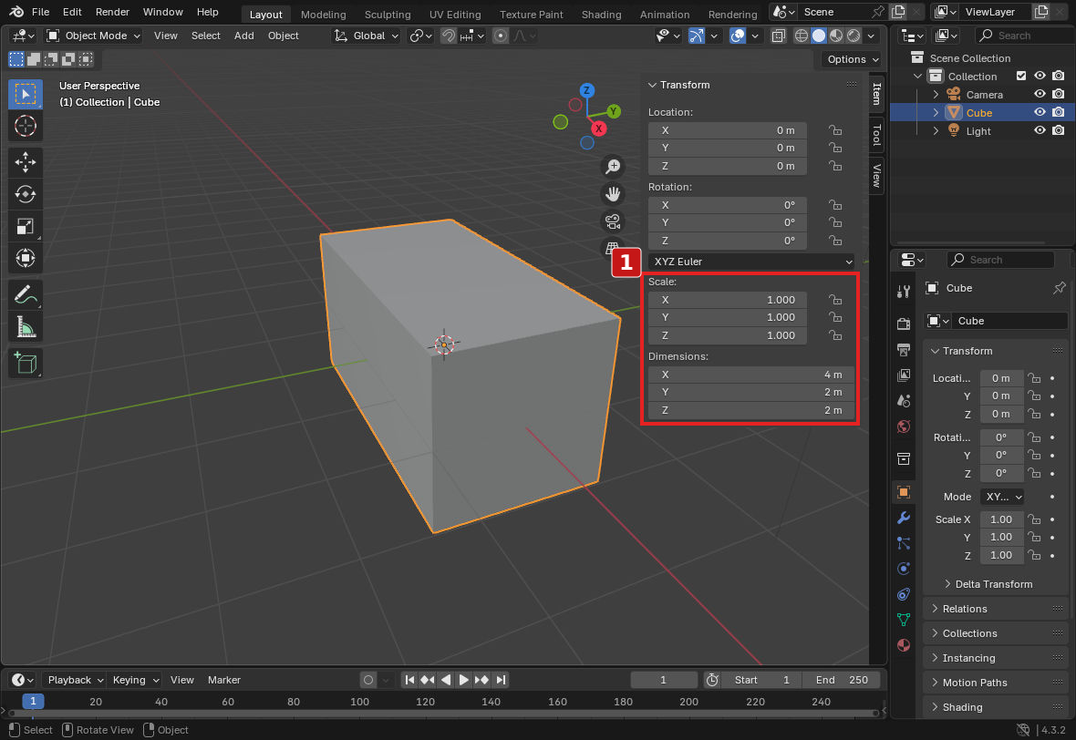手順1。Scaleは1・1・1、Dimensionsは4・2・2です。画面はView → Frame Selectedで箱を拡大しています。