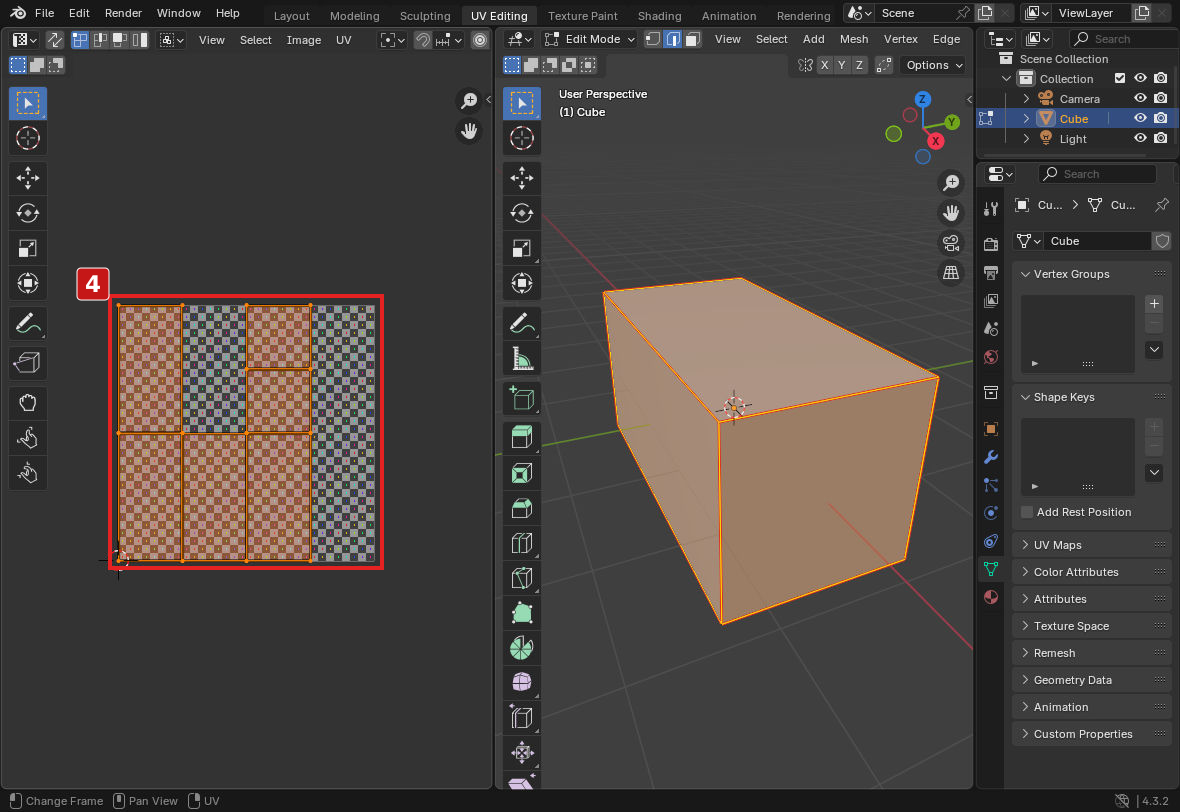 手順4。UV EditorでAを押してUV全体を選び、Homeで画像全体を表示しています。