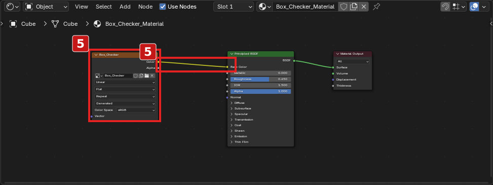 手順5。Box_CheckerのColorからPrincipled BSDFのBase Colorへ接続します。画像はShader Editor部分を切り出しています。