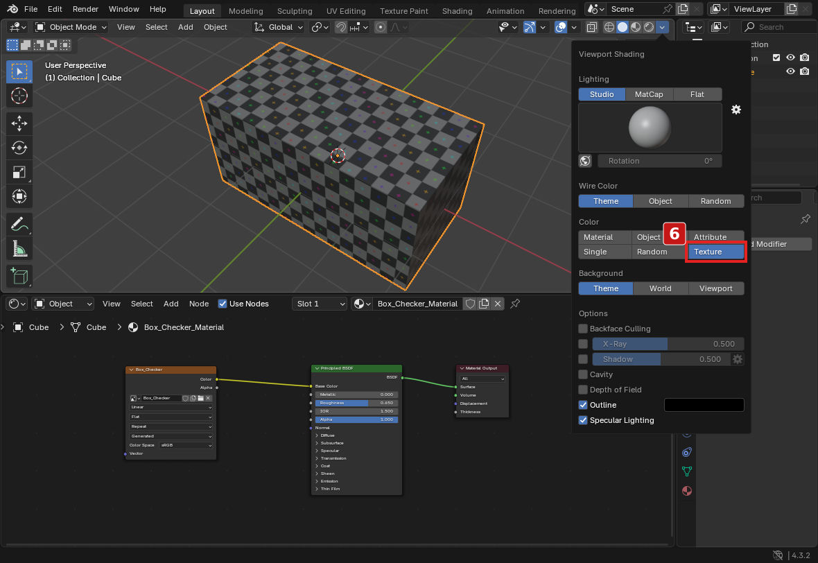 手順6。Solid表示のColorをTextureにします。この画面はMaterial Previewではありません。