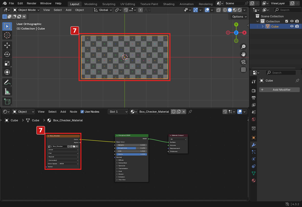 手順7。保存したファイルを開き直しても、生成画像とノードの接続が残り、SolidのTexture表示で格子を確認できます。